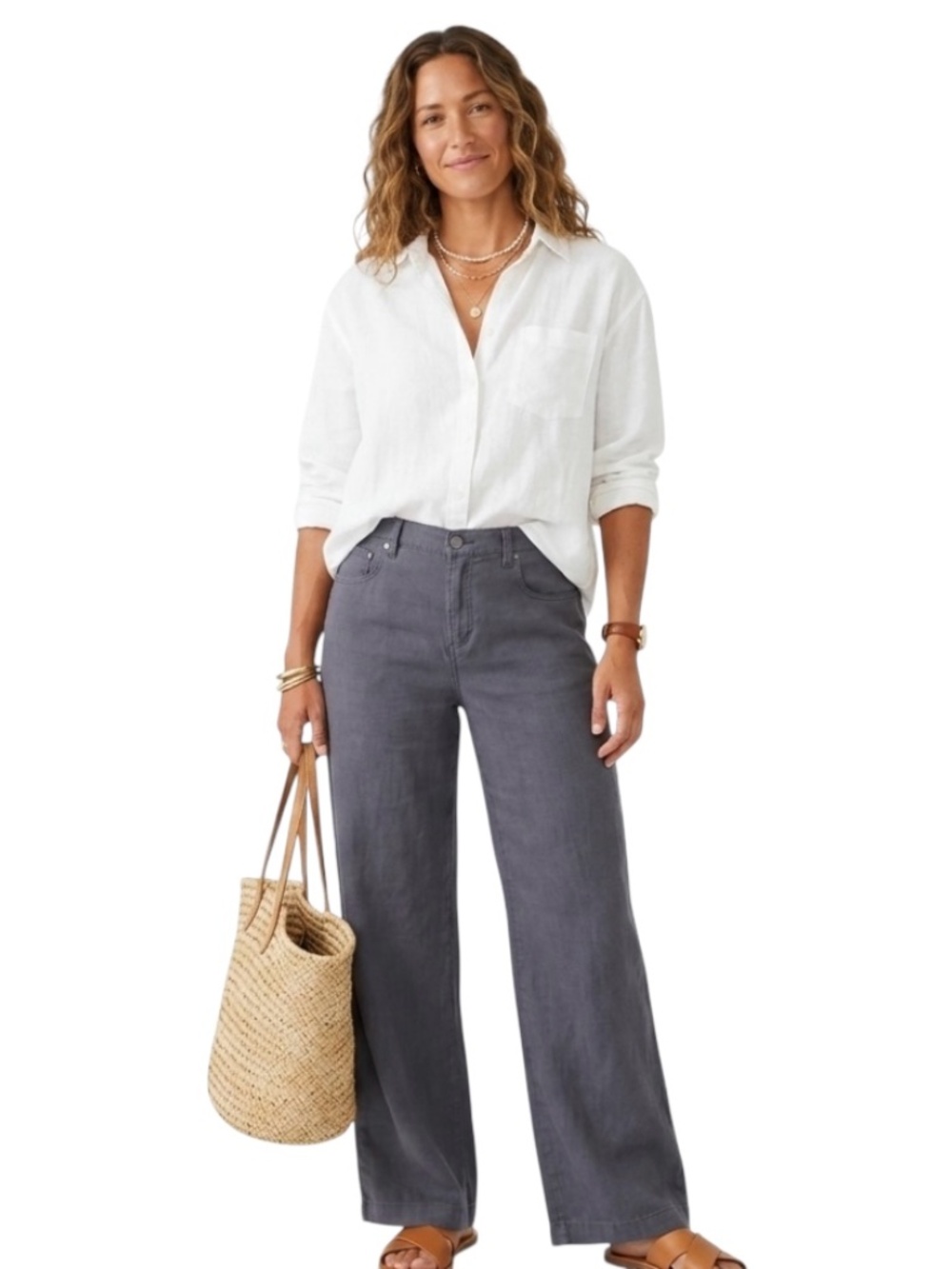 Lucky Brand Wide Leg 100% Linen Pant Sz 12 Gray Minimalist Coastal Closet Staple